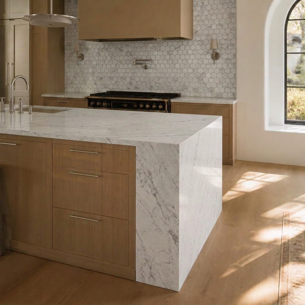 Custom Calacatta marble kitchen with waterfall island by Vintan Tile & Stone