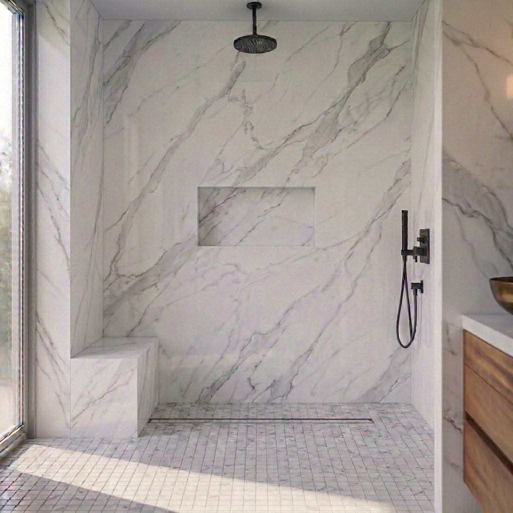 Curbless walk-in shower in large-format porcelain slabs, Folsom bathroom remodel