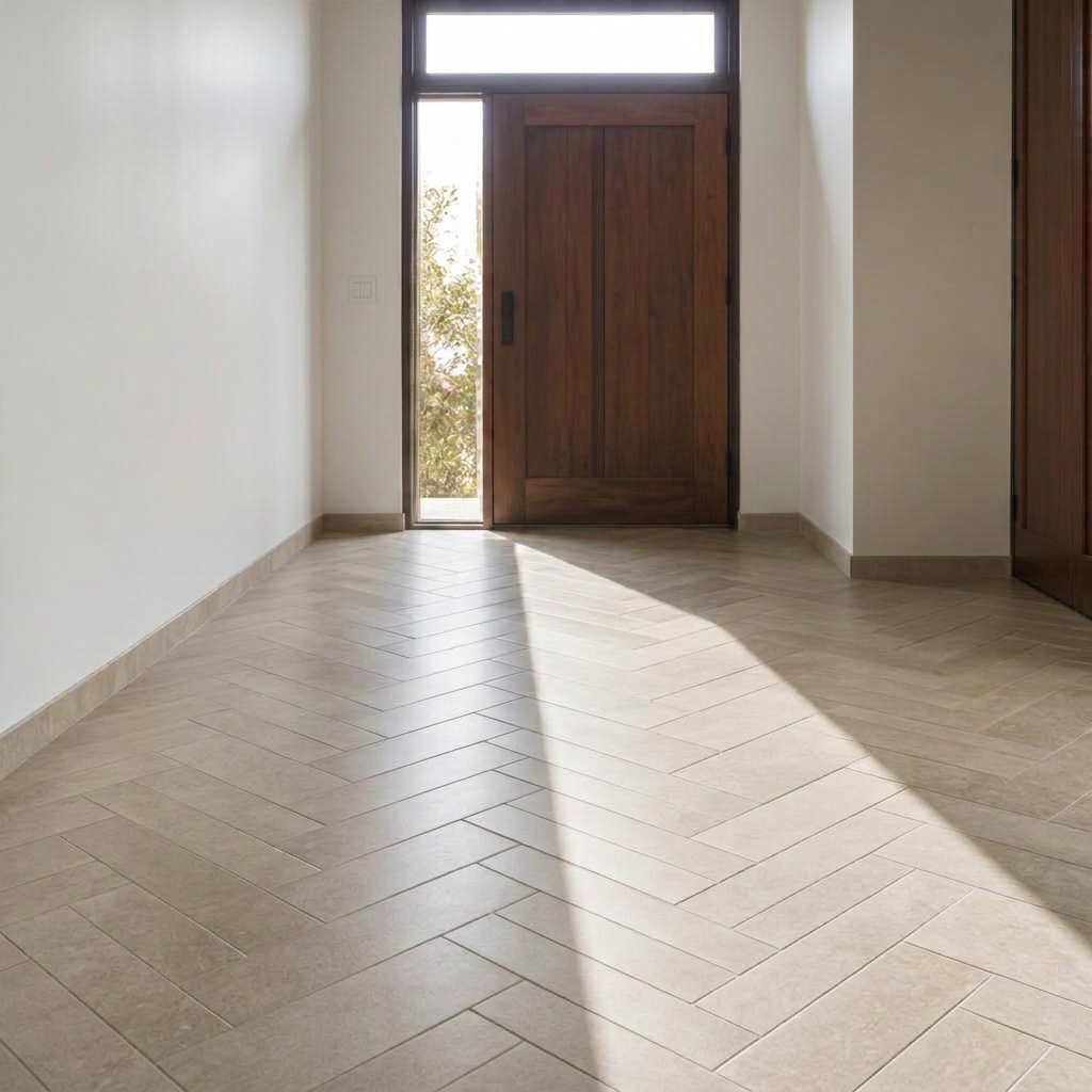 Herringbone porcelain floor tile in a modern entryway