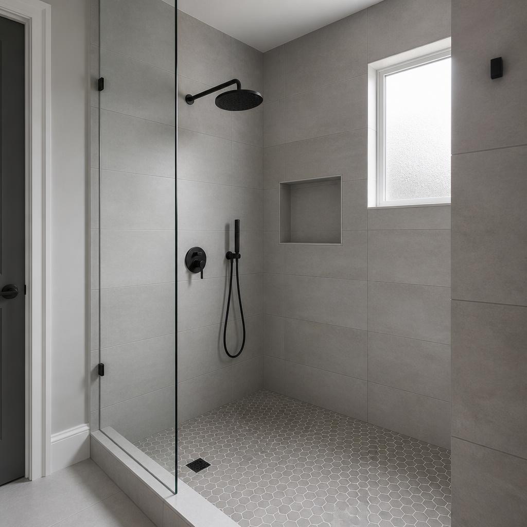 Modern walk-in tile shower with gray porcelain wall tile, hexagon mosaic floor, and matte black fixtures
